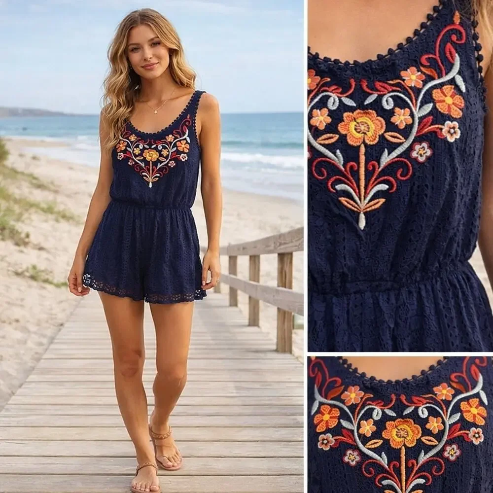 Boho Embroidered Lace Romper Navy Floral Festival Summer Xhilaration Size Medium